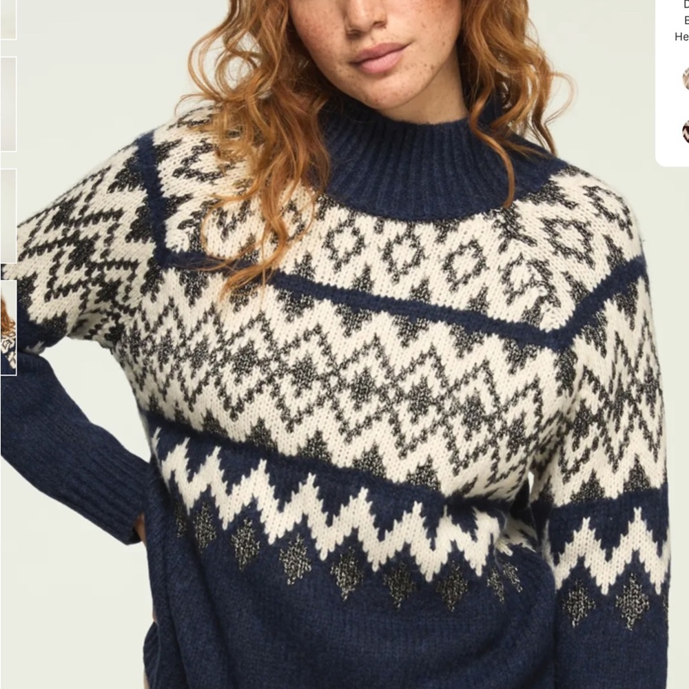 Lucky Brand Navy and Cream Fair Isle Mock Neck Sweater Sz. S